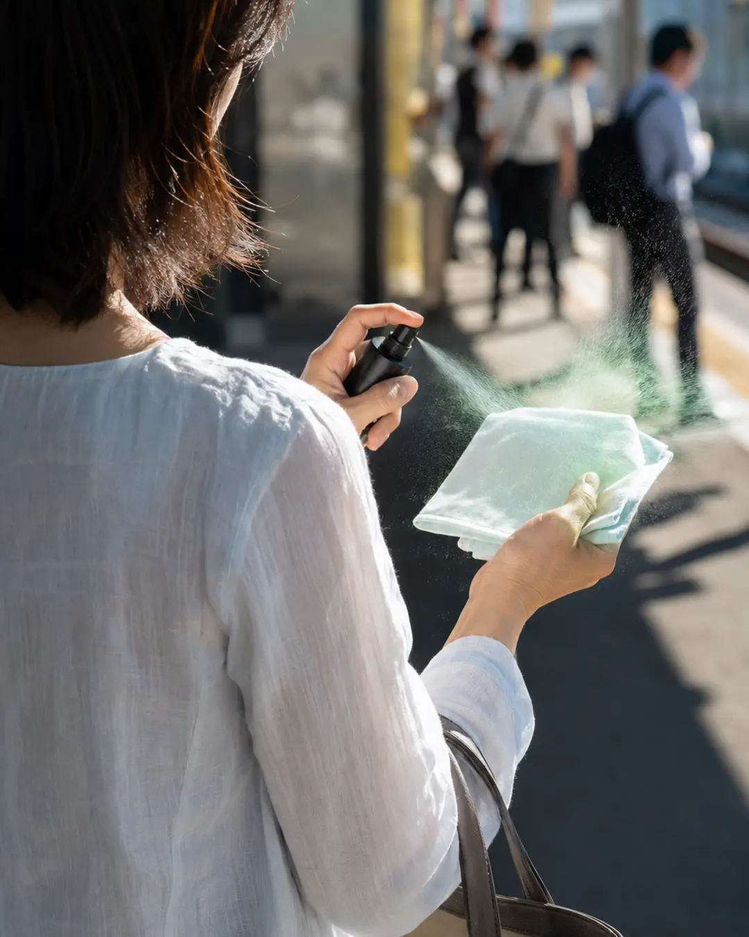 駅でハンカチへミストを吹きかける通勤シーン