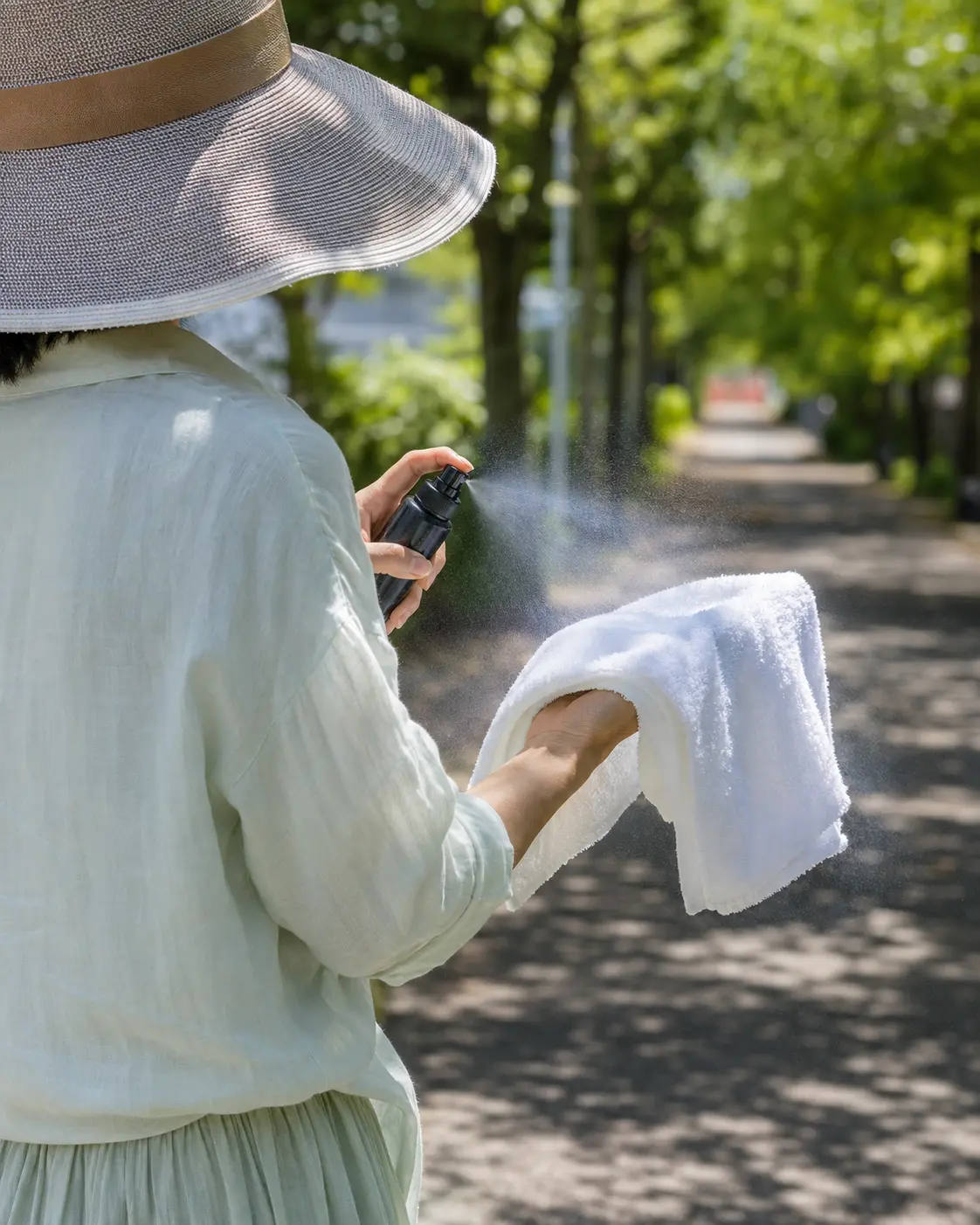 強い日差しの中を歩く女性と涼やかなミスト