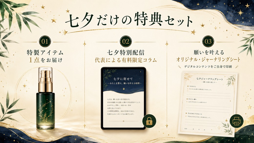 七夕だけの特典セット｜①特製アイテム1点 ②代表による有料限定コラム ③願いを叶えるオリジナル・ジャーナリングシート