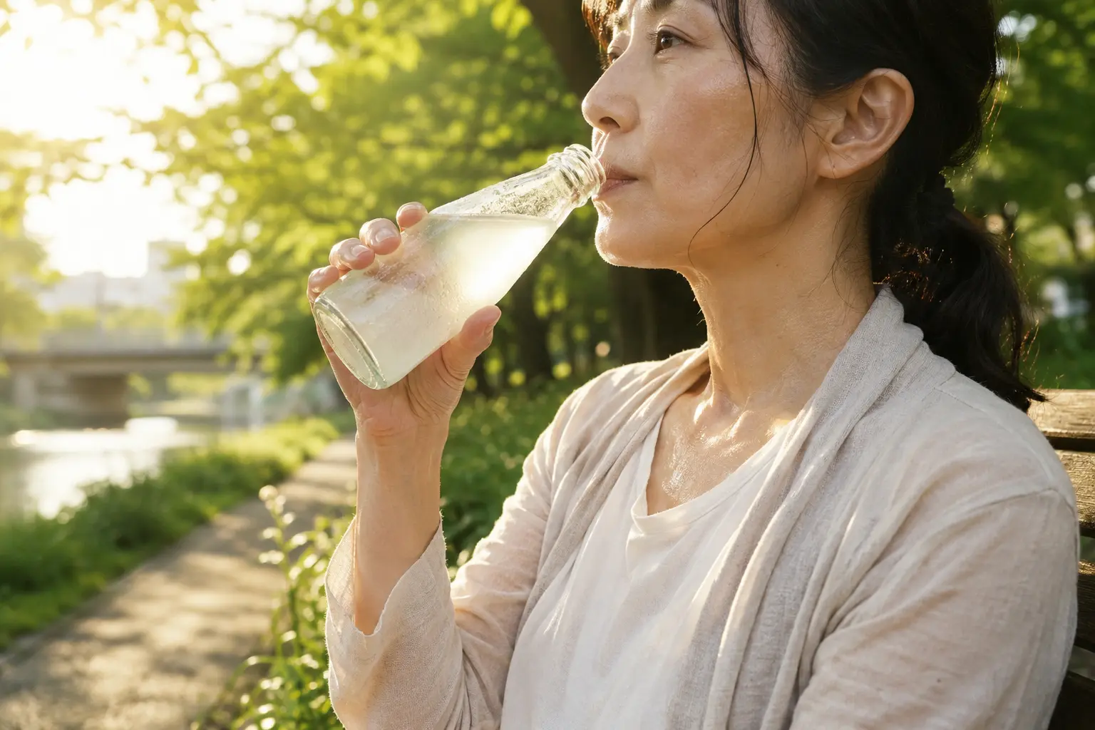 散歩や軽い運動のあとにガラスボトルで水分補給する様子