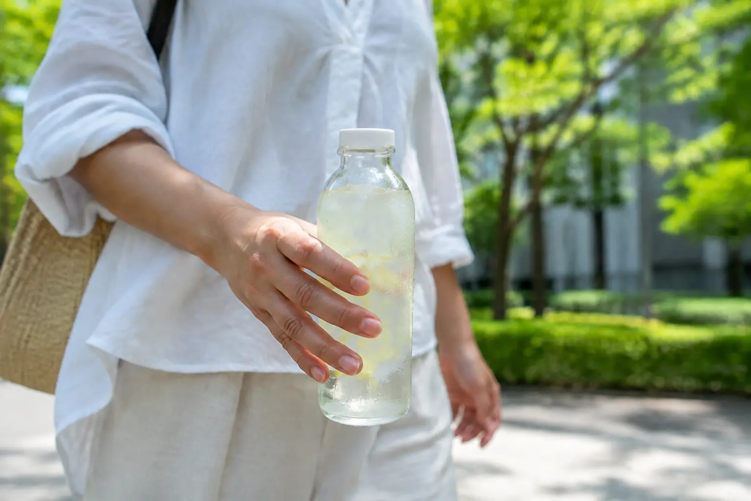 結露した冷たいガラスボトルを持って外出する様子