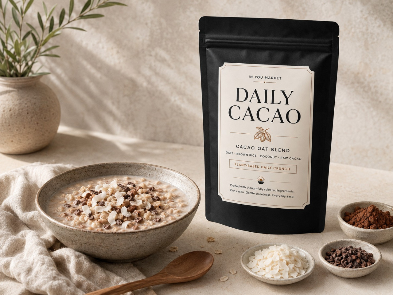 ミルクをかけたDAILY CACAOと商品パッケージ