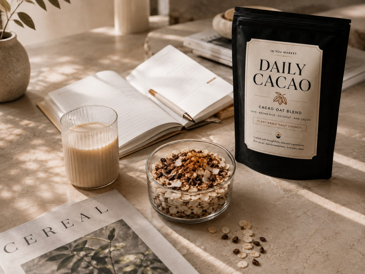 朝のデスクに置かれたDAILY CACAOと朝食