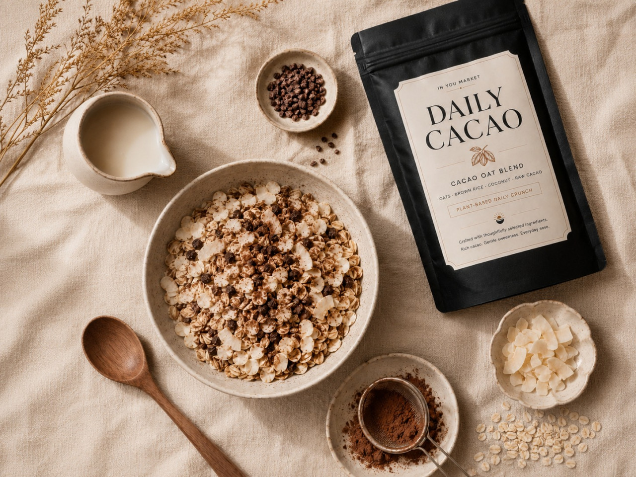 DAILY CACAOのパッケージとカカオミューズリーを並べた朝食