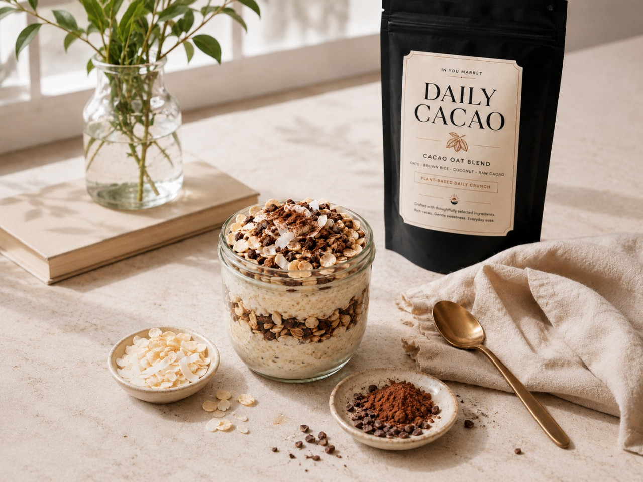 グラスに重ねたDAILY CACAOとカカオ素材