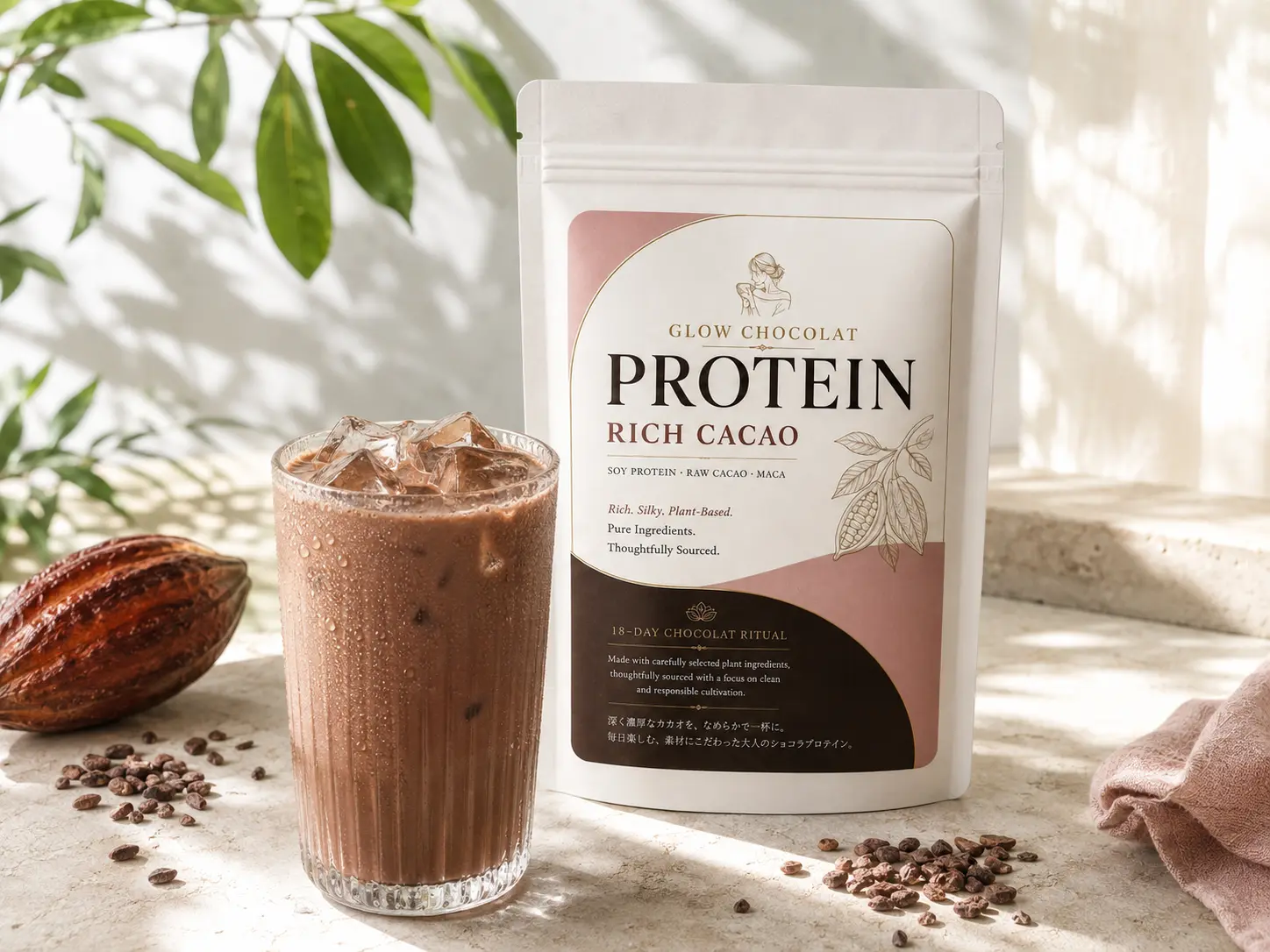 GLOW CHOCOLAT PROTEINの商品パッケージとアイスショコラドリンク