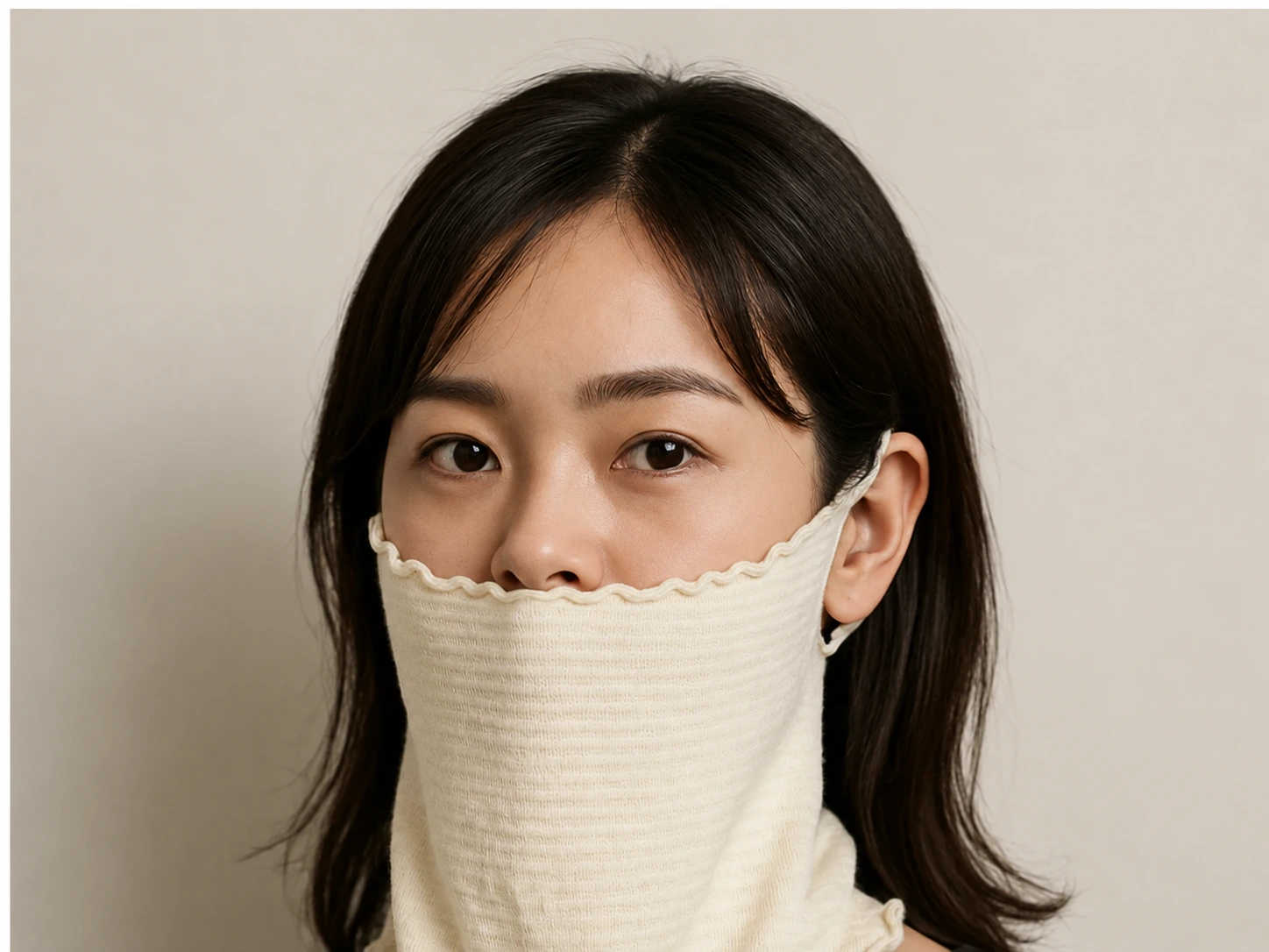 鼻の下にマスクの上端を合わせ、鼻を出して口元と首元を覆った着用例