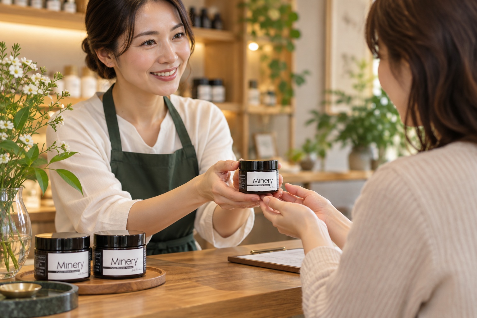 サロンの受付でミネリーをお客様にご案内するイメージ